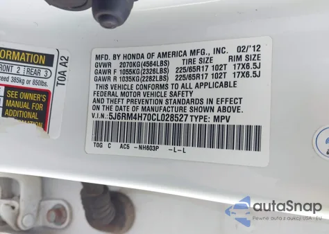2012 Honda Cr-V Ex-L from USA, damaged, VIN 5J6RM4H70CL028527